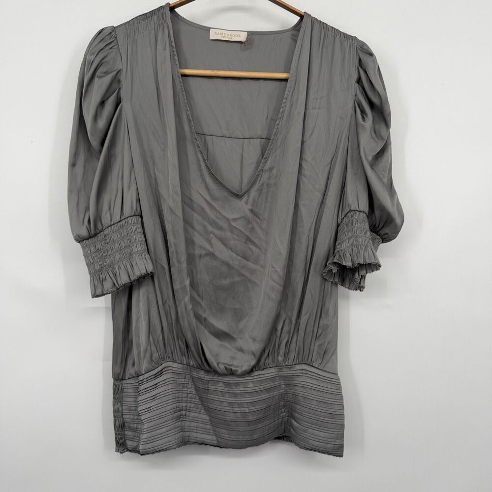 Ramy Brook Gray Flora Satin Deep V-Neck Puffed Sleeve Smocked Waist Blouse Small